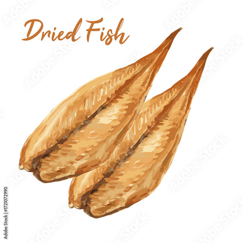 dried fish in watercolor illustration style, isolated vector on white background