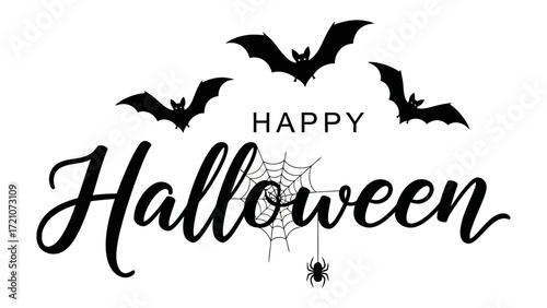 Spooky Halloween Greeting: A whimsical design with flying bats, a spider web, and a dangling spider, complemented by elegant calligraphy wishing a Happy Halloween. evokes a festive mood
