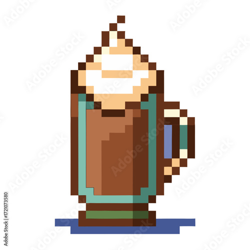 Retro pixel art hot chocolate, cocoa drink with whipped topping, perfect for vintage gaming or nostalgic design projects