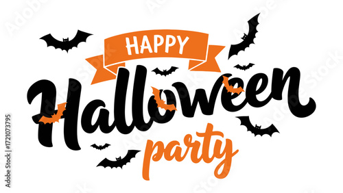 Spooky Halloween Party: A festive Halloween party invitation with an artistic handwritten style, orange banner, and playful bat silhouettes, creating a fun and welcoming atmosphere for celebration.
