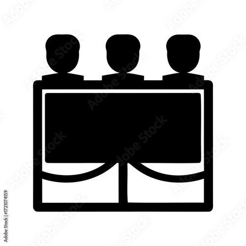Three silhouetted figures behind a rectangular barrier, representing a group or team