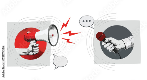 Graphic illustration of communication conflict, showing a hand with a megaphone versus a hand holding a microphone.