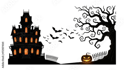 Spooky Halloween Scene: A silhouette of a haunted house, ominous tree, and jack-o'-lantern create a spooky atmosphere, evoking the essence of Halloween night.