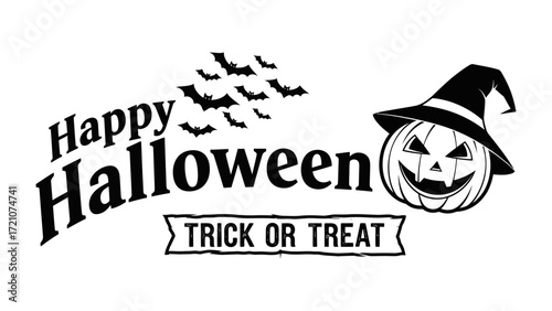 Spooky Greetings: A festive Happy Halloween sign, complemented by bats silhouette and a jack-o'-lantern adorned with a witch hat, embodies the spirit of a chilling evening.
