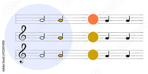 A collection of musical symbols and notation elements, including treble clef, bass clef, sharp, flat, rests, and various note values (whole, half, quarter, eighth, and sixteenth notes). The symbols ar