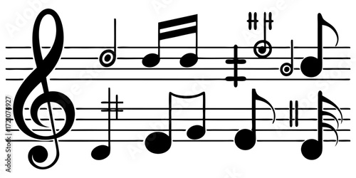 A collection of musical symbols and notation elements, including treble clef, bass clef, sharp, flat, rests, and various note values (whole, half, quarter, eighth, and sixteenth notes). The symbols ar