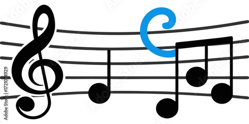 A collection of musical symbols and notation elements, including treble clef, bass clef, sharp, flat, rests, and various note values (whole, half, quarter, eighth, and sixteenth notes). The symbols ar