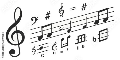 A collection of musical symbols and notation elements, including treble clef, bass clef, sharp, flat, rests, and various note values (whole, half, quarter, eighth, and sixteenth notes). The symbols ar