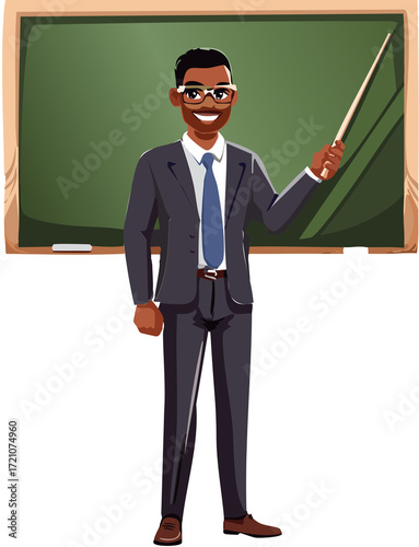 Teacher are explaining lesson at blackboard in his classroom	
