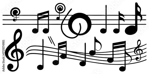 A collection of musical symbols and notation elements, including treble clef, bass clef, sharp, flat, rests, and various note values (whole, half, quarter, eighth, and sixteenth notes). The symbols ar
