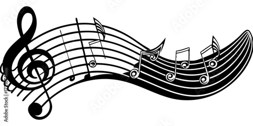 A collection of musical symbols and notation elements, including treble clef, bass clef, sharp, flat, rests, and various note values (whole, half, quarter, eighth, and sixteenth notes). The symbols ar