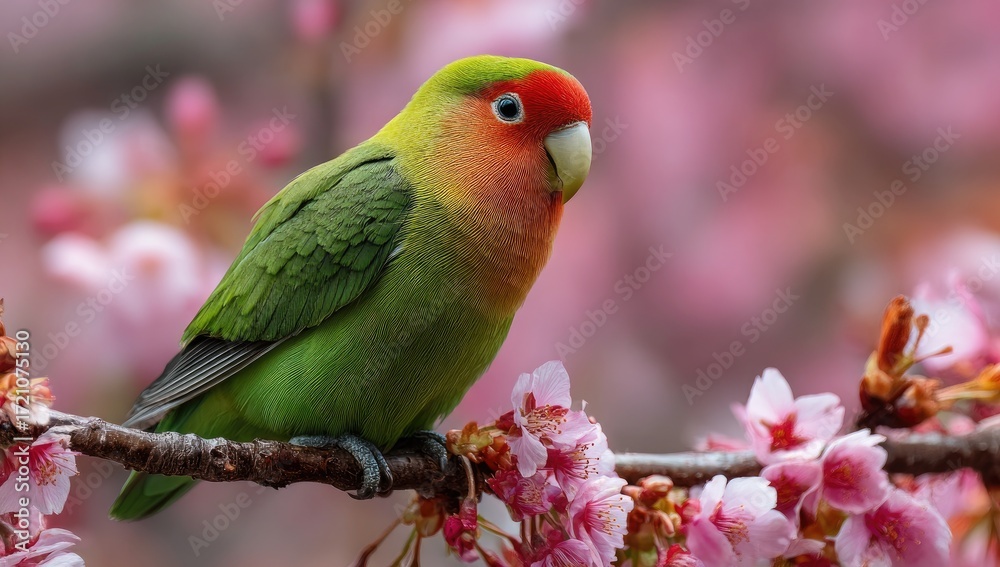 Fototapeta premium Colorful parakeet among blossoms