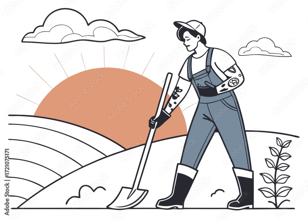 Obraz premium Farmer working in a field at sunrise, illustration of agricultural work and sustainable farming practices