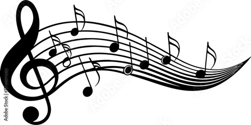 A collection of musical symbols and notation elements, including treble clef, bass clef, sharp, flat, rests, and various note values (whole, half, quarter, eighth, and sixteenth notes). The symbols ar