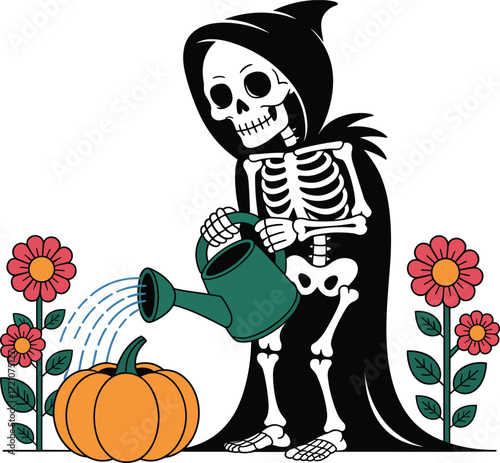Whimsical spooky reaper tending pumpkin patch
