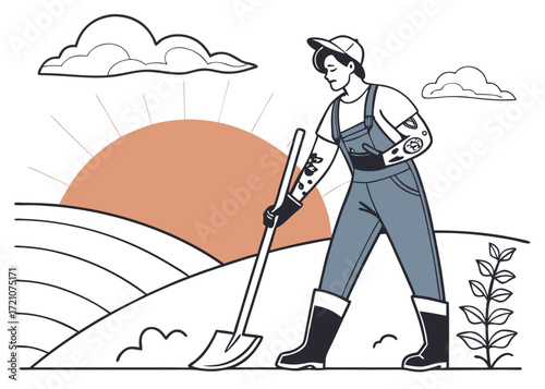 Farmer working in a field at sunrise, illustration of agricultural work and sustainable farming practices