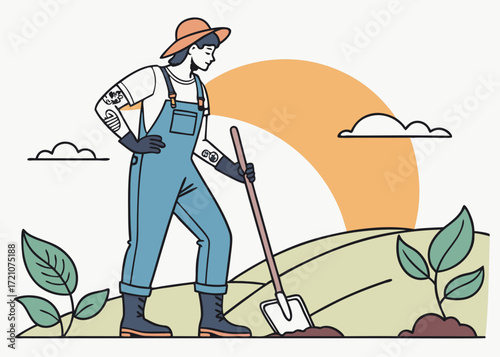 Farmer working in the field with a shovel, planting and cultivating the land under the sun and clouds, illustrating agricultural work and the natural cycle