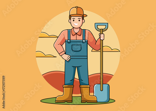 Farmer with shovel illustration representing agriculture and hard work in the field