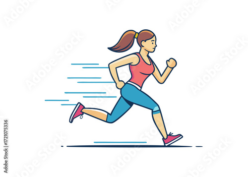 Illustration of a young woman running fast, engaged in a fitness workout or marathon training for a healthy lifestyle