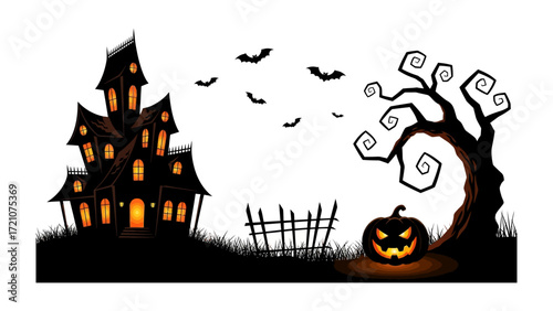 Spooky Halloween Scene: A silhouette of a haunted house, a grinning jack-o'-lantern, bats, and a gnarled tree create a spooky and atmospheric Halloween scene.