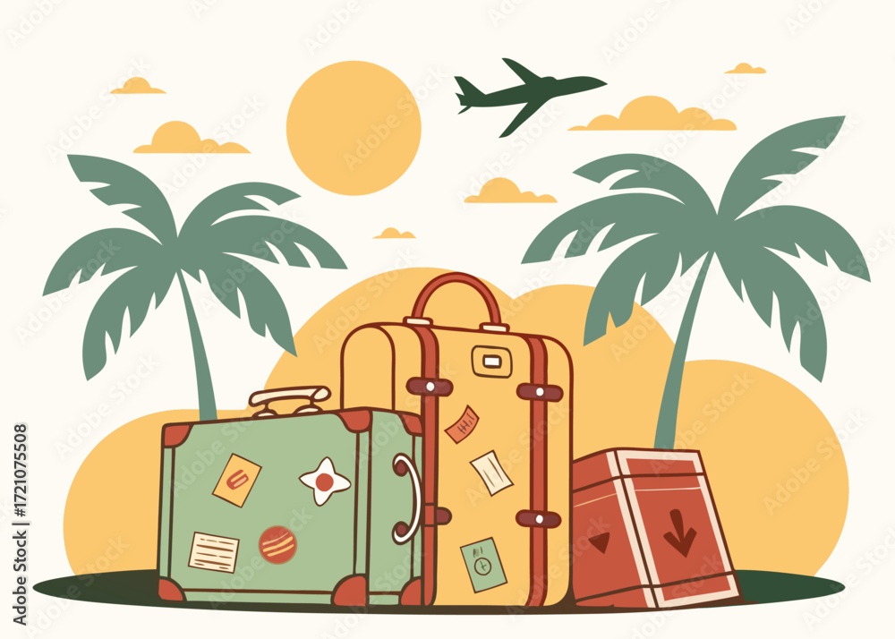 Fototapeta premium Travel illustrations depicting suitcases, palm trees, and a plane under a sunny sky, suggesting a vacation or getaway