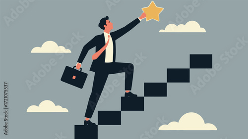 Businessman climbing stairs reaching for a golden star above