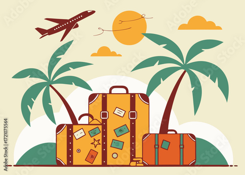 Colorful vector illustration of luggage and palm trees with an airplane flying overhead, representing a tropical vacation or travel concept