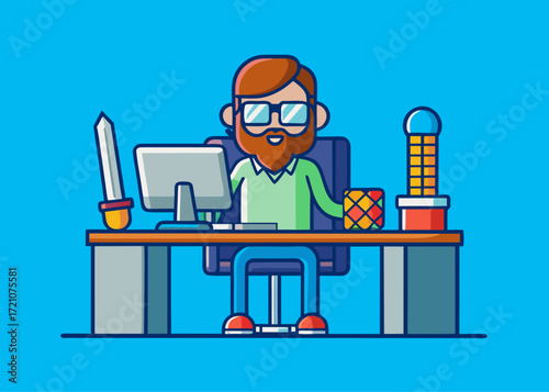 A creative office worker with a beard and glasses enjoys his work, surrounded by interesting desk items and a computer