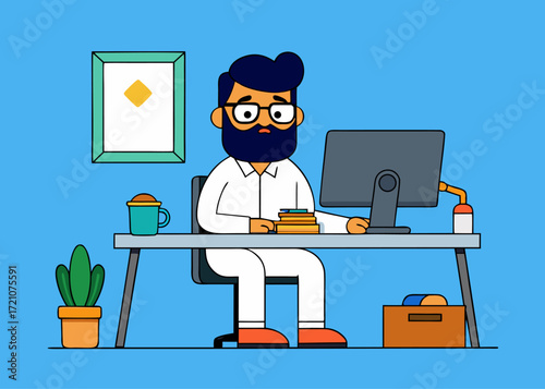 A focused man with a beard and glasses works diligently on his computer at his office desk, surrounded by office supplies and a potted cactus
