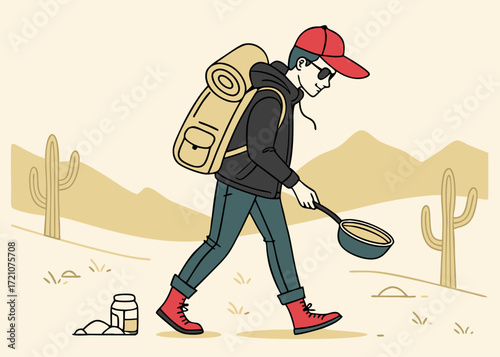 Man with backpack and cooking pot walking through a desert landscape with cacti and mountains in the background, representing travel and outdoor adventure