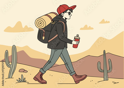 Man on a desert hike carrying a backpack and water bottle with cacti and mountains in the background