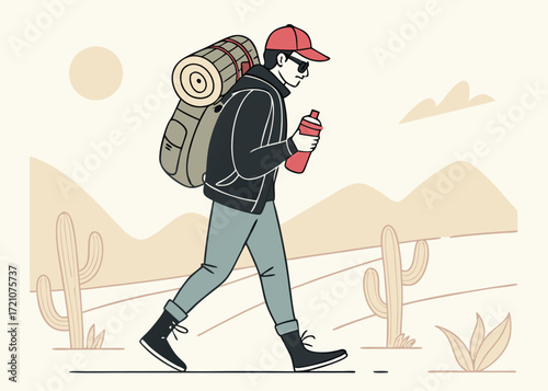 Illustration of a person hiking in a desert landscape with a backpack and water bottle