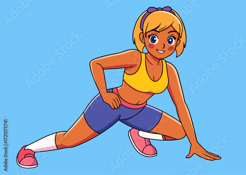 Energetic young woman with blonde hair in sportswear doing a dynamic stretching exercise in a low lunge pose