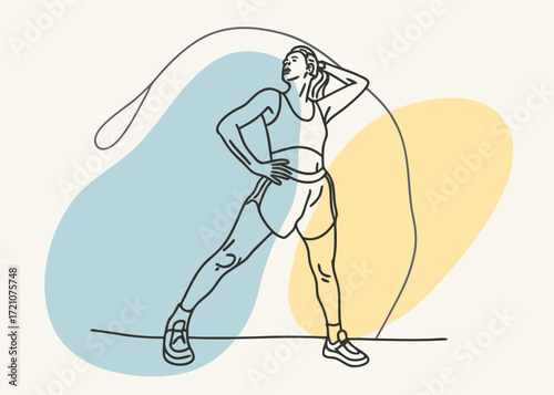 Abstract illustration of a woman performing a fitness exercise, captured in a minimalist, continuous line art style with soft color blocking
