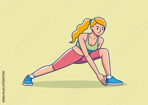 A fit young woman stretching her body in a lunging pose, promoting a healthy lifestyle and fitness