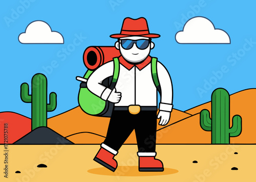 A cartoon person wearing a hat and backpack walking through a desert landscape with cacti and mountains