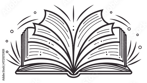 Open book one line art illustration, smooth continuous stroke, symbolizing imagination, knowledge, and creativity, simple minimalist aesthetic for education, storytelling, or literary-inspired designs