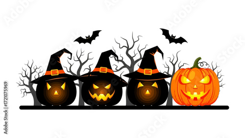 Spooky Pumpkin Patch: A gathering of carved pumpkins, some adorned with witch hats, radiating a ghoulish glow against a backdrop of bare, gnarled trees and fluttering bats.