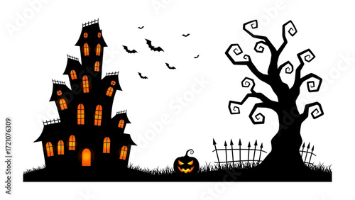 Spooky Halloween Silhouette: A haunting silhouette of a haunted house, complete with a spooky tree and pumpkin, conjures an atmosphere of suspense and thrills. 