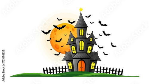 Spooky Mansion on Halloween Night: An illustrated eerie haunted mansion under a full moon, surrounded by bats, conveying the spooky atmosphere of Halloween night. 