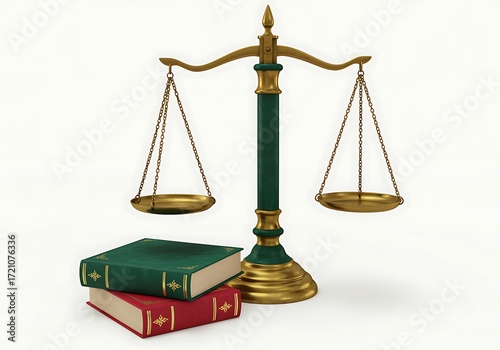 Golden scales with green and red books scales of justice