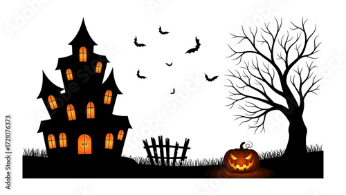 Spooky Silhouette: Silhouette of a haunted house and jack o lantern, creating a chilling, atmospheric design, ideal for Halloween-themed projects.