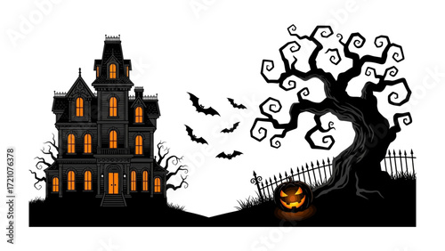 Spooky Halloween Night: A chilling silhouette of a haunted house, a gnarled tree, and a jack-o'-lantern under the eerie moonlight. Capturing the essence of All Hallows' Eve.