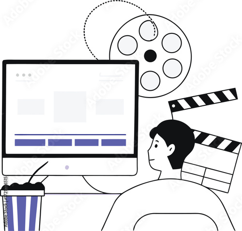 Person editing video on computer with film reel and clapperboard vector illustration illustration