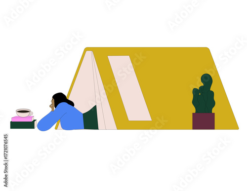 Girl lying in a book. Autumn illustration. Concept of coziness and reading books.