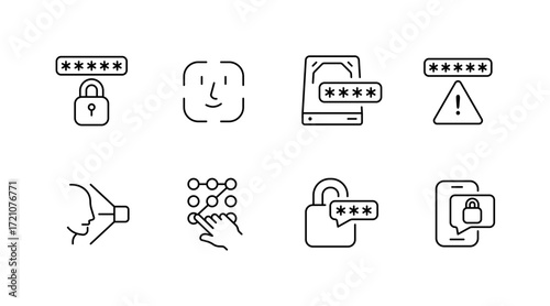 Cybersecurity and privacy icons set – outline, linear, digital protection symbols