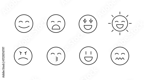 Emotions outline icons set – linear, facial expressions and mood symbols
