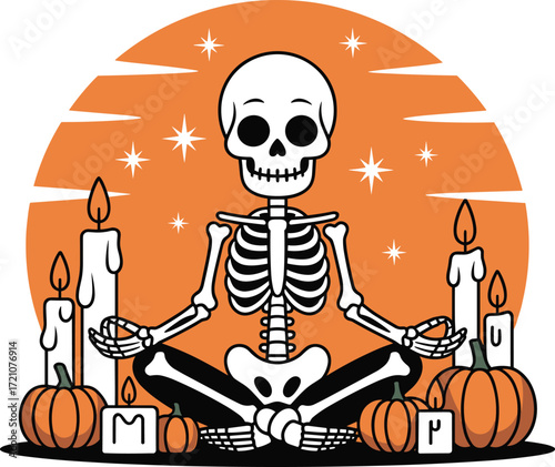 Meditating skeleton with pumpkins and candles