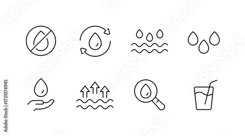 Water conservation outline icons set – linear, eco-friendly, sustainability symbols