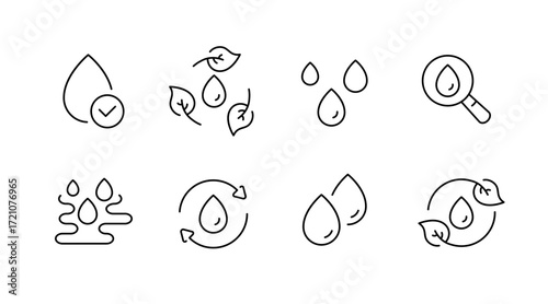 Water conservation outline icons set – line, eco-friendly, sustainability symbols